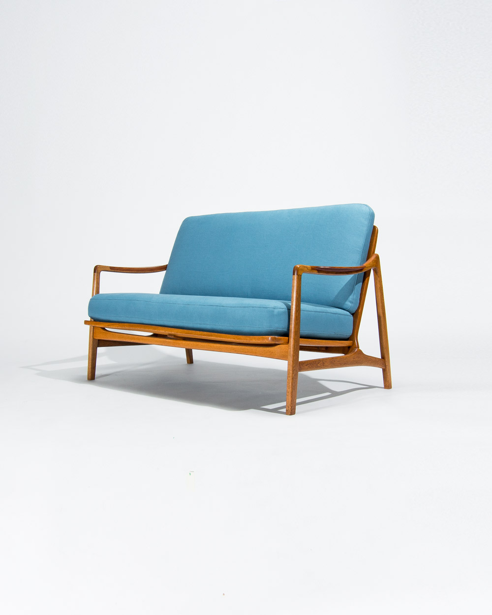 1950s sofa 2 seater blue linen teak oak danish mid century
