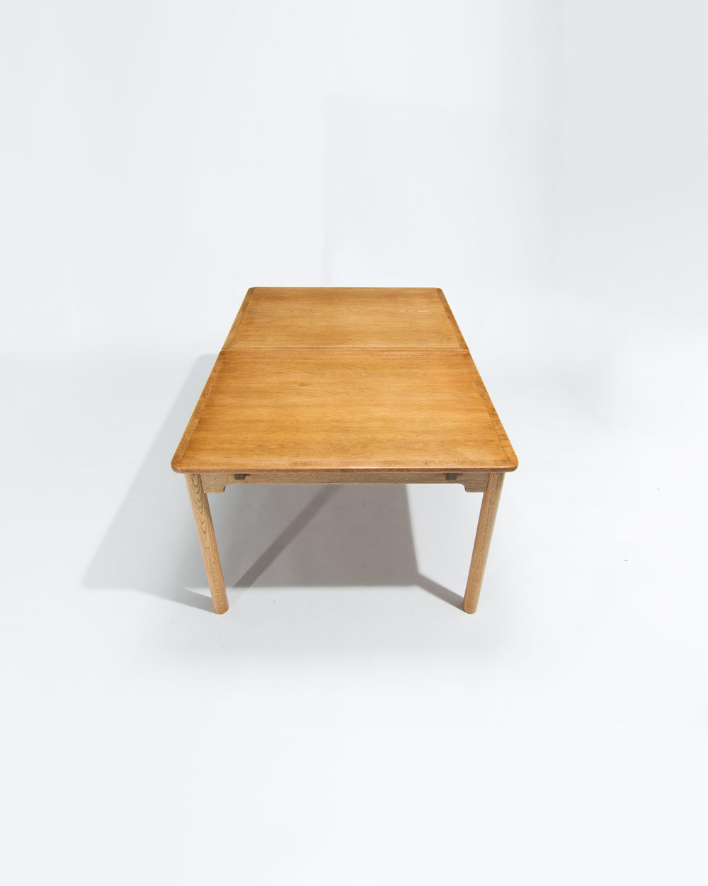 Top surface view from end showing refinished oak and colour variation, mid century Swedish table