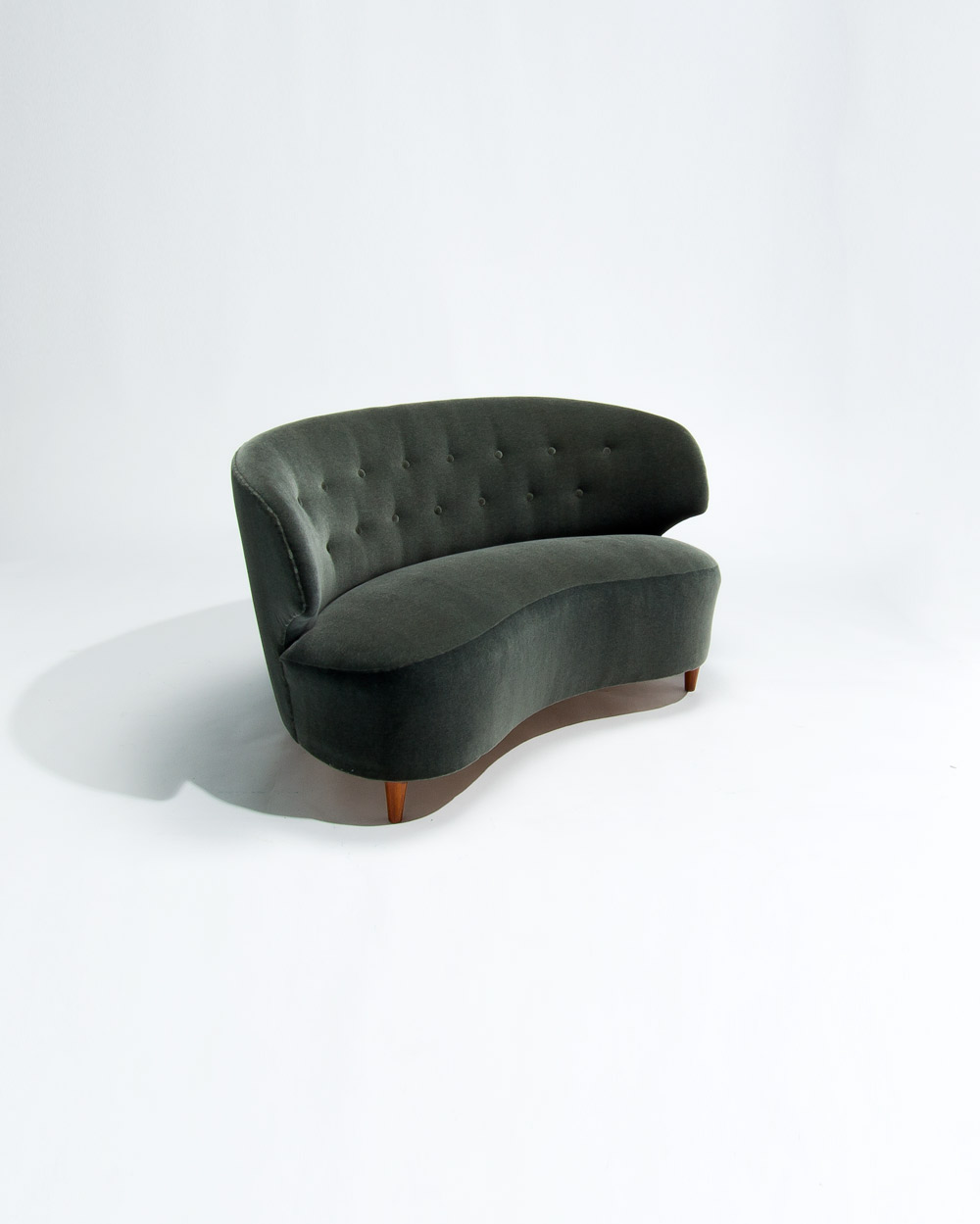 Mid century Carl Johan Boman sofa in green Dedar mohair velvet Finnish 1950s curved two seat