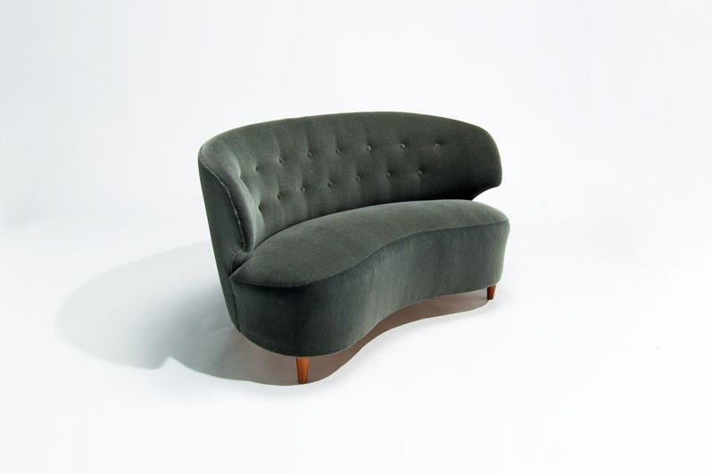 Carl Johan Boman mid century sofa in green Dedar mohair velvet curved Finnish design 1950s