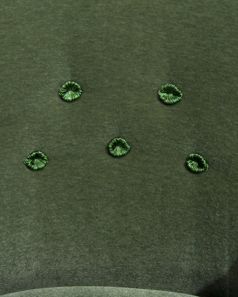 tufted button detail with silk buttons by Samuel & Sons on green mohair velvet upholstery