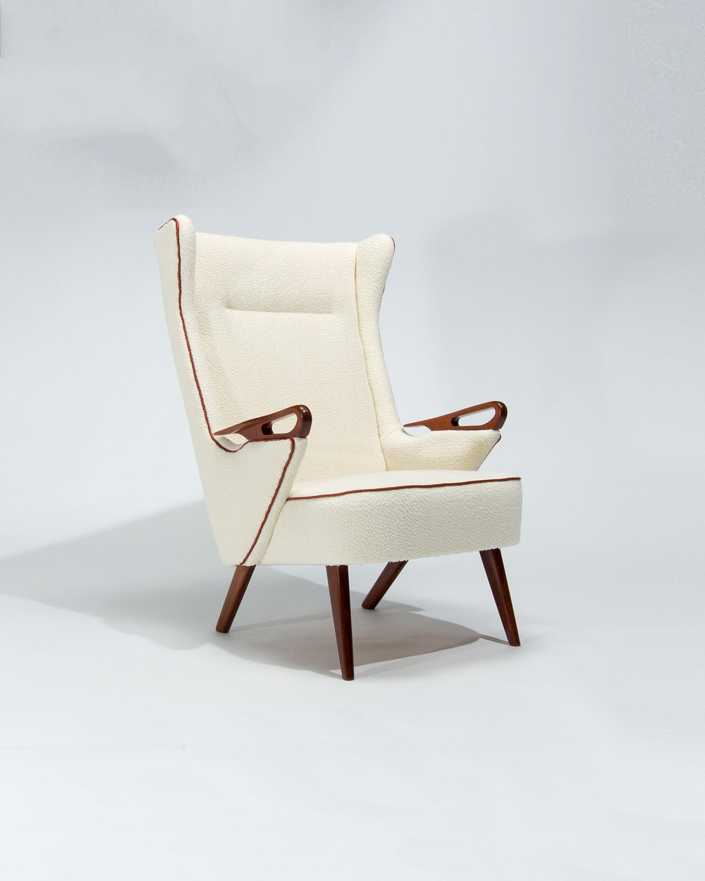 Chresten Findahl Brodersen high back lounge chair Denmark 1950s teak and boucle