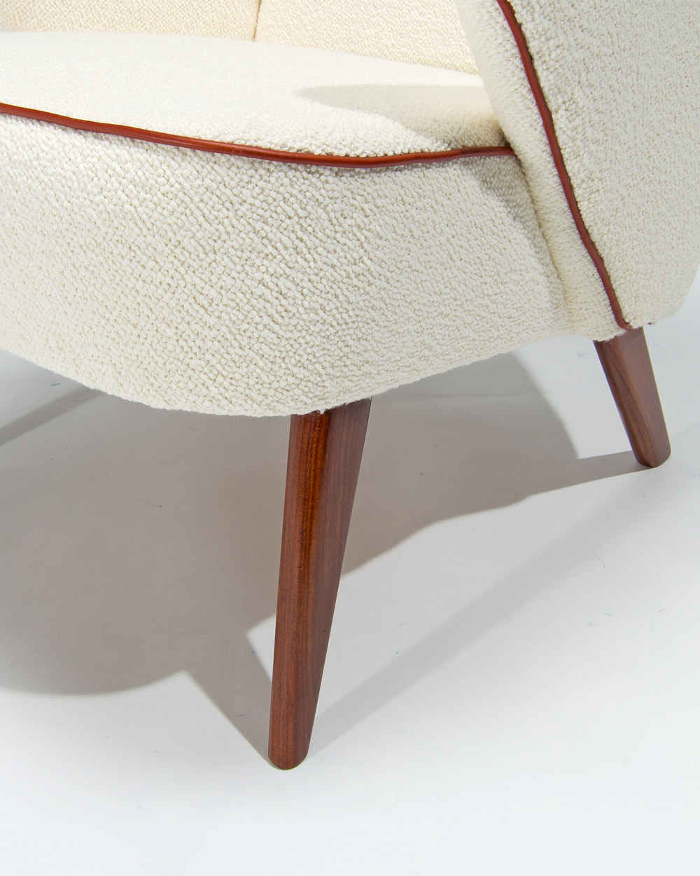 teak leg detail Danish lounge chair boucle fabric and leather trim