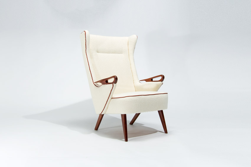 Danish 1950s high back lounge chair teak arms cream boucle upholstery