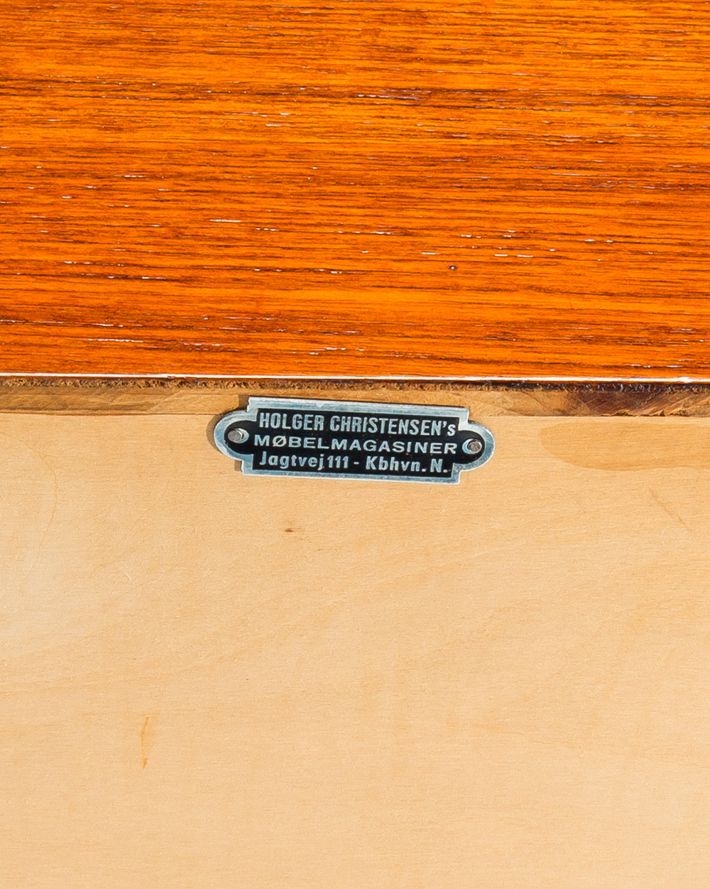 Holger Christensen Mobelmagasiner retailer label Danish teak chest of drawers 1950s