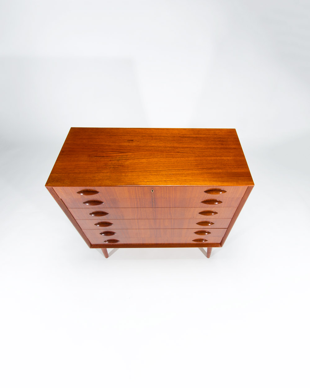 Top view Danish teak chest of drawers 1950s showing restored grain and surface finish
