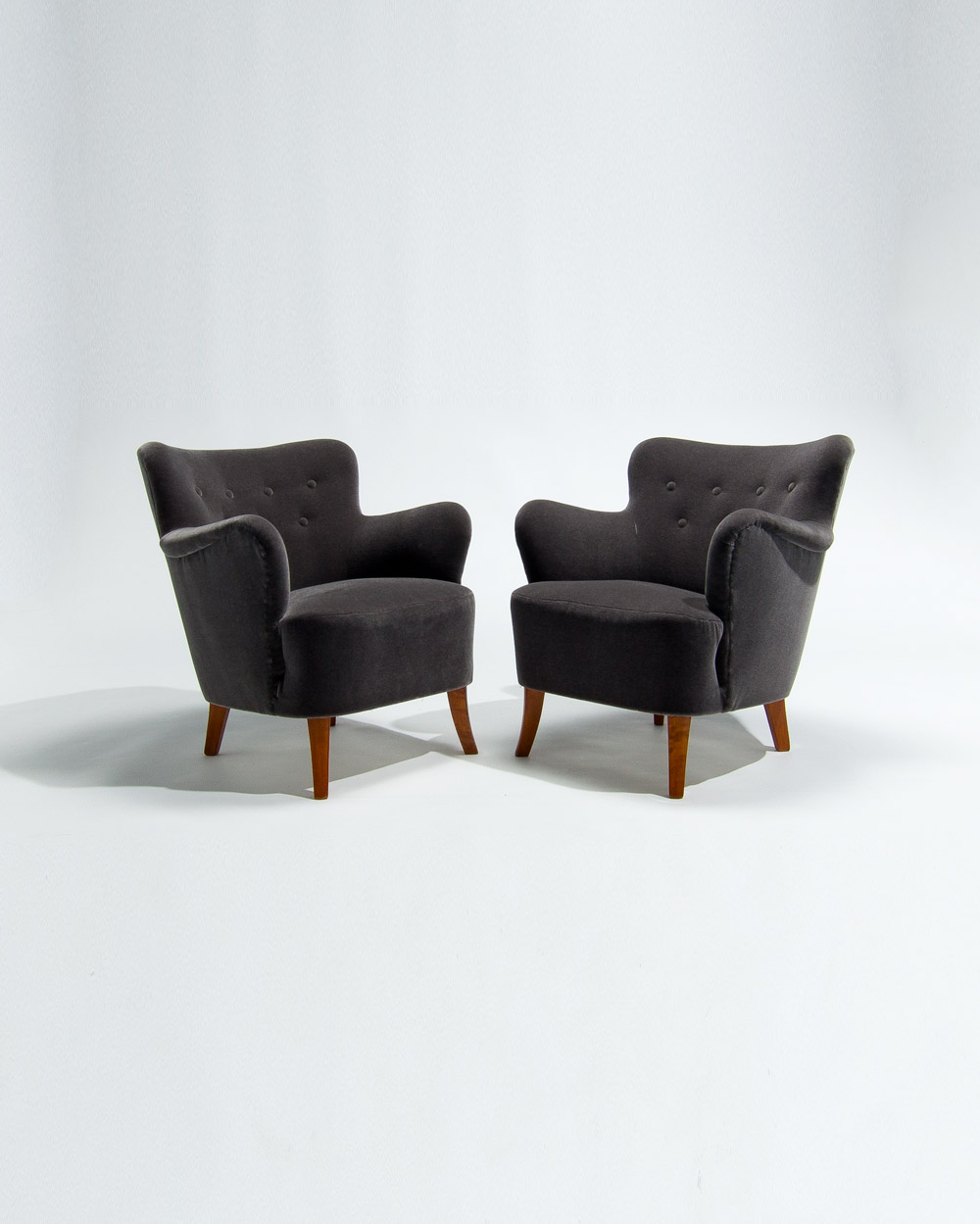 Finnish mid century lounge chairs in grey mohair velvet, front view