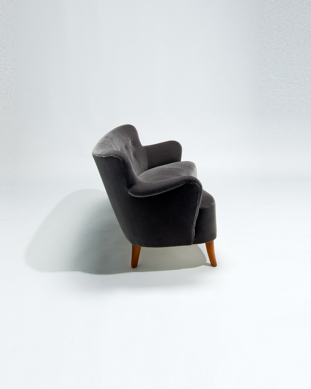 Finnish mid century sofa with curved back and arms in grey mohair velvet, 1950s Scandinavian design