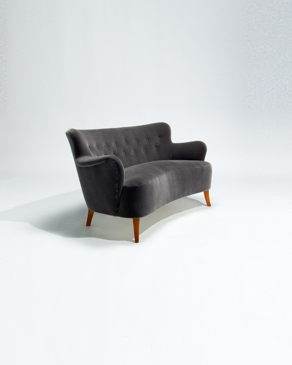 1950s Finnish mid century sofa in grey mohair velvet by Rose Uniacke, curved back sculptural form