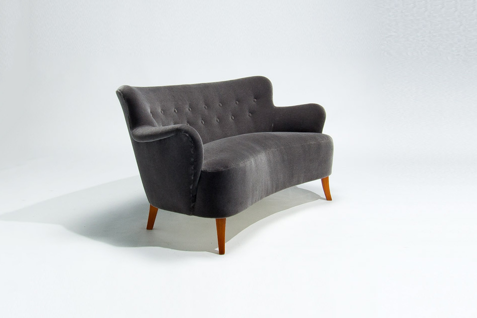 Finnish mid century sofa in grey Rose Uniacke mohair velvet, sculptural 1950s Scandinavian design