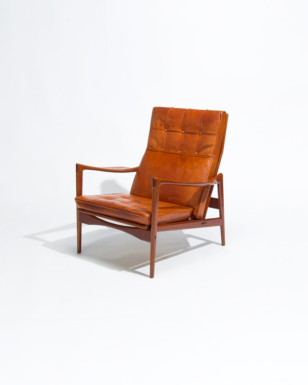 Swedish mid century OPE lounge chair teak and leather angled profile