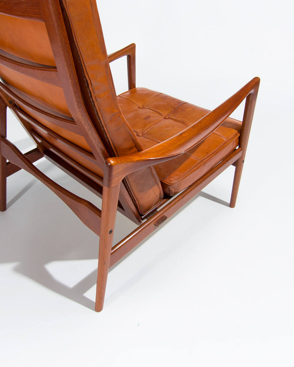 Sculpted teak armrest detail Ib Kofod Larsen OPE chair curved form