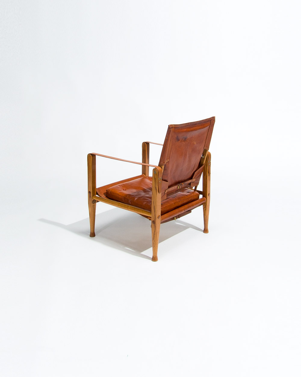 Kaare Klint Safari chair Rud Rasmussen rear view showing leather back and oak frame