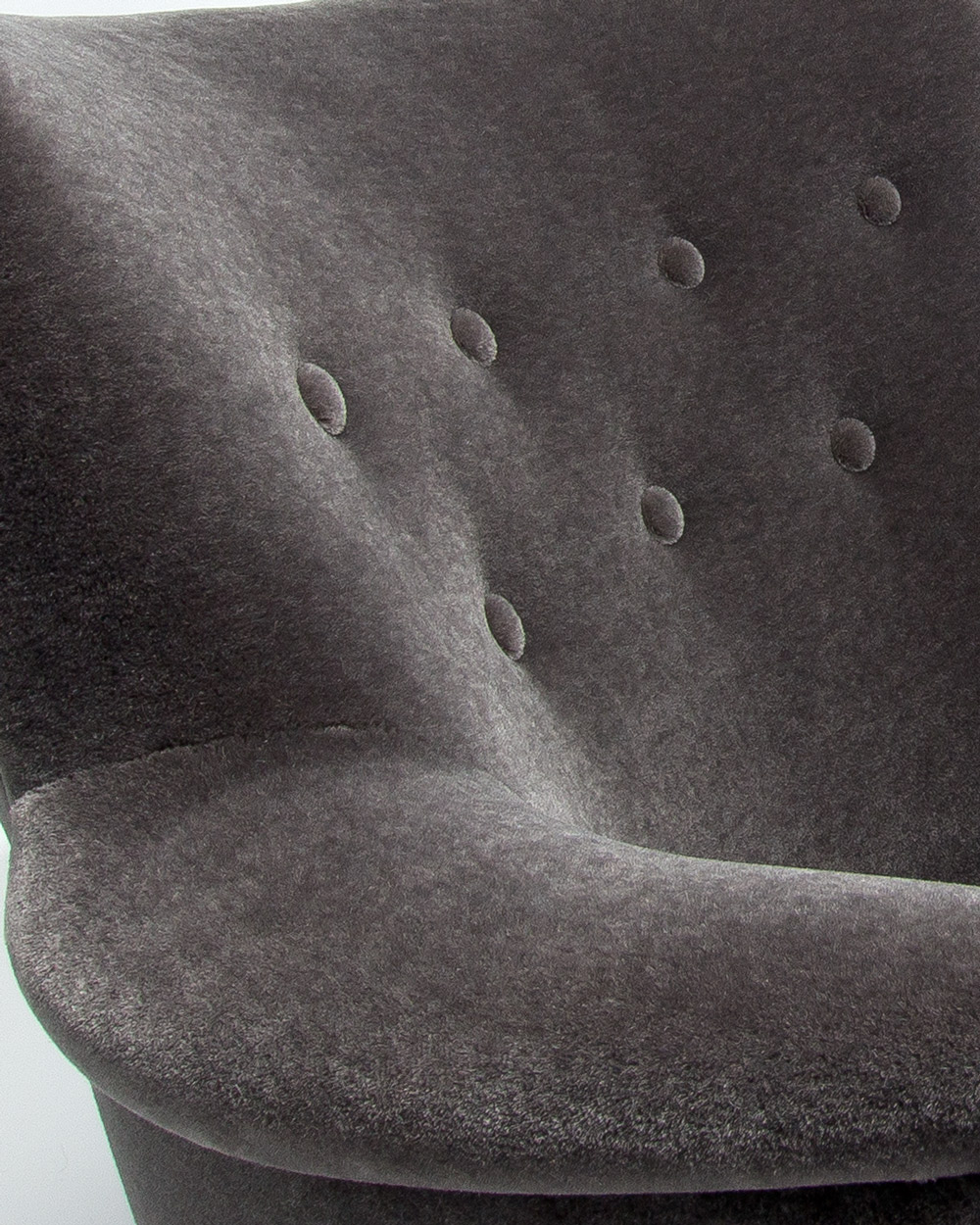 Buttoned back detail in grey mohair velvet on Finnish armchair, 1950s