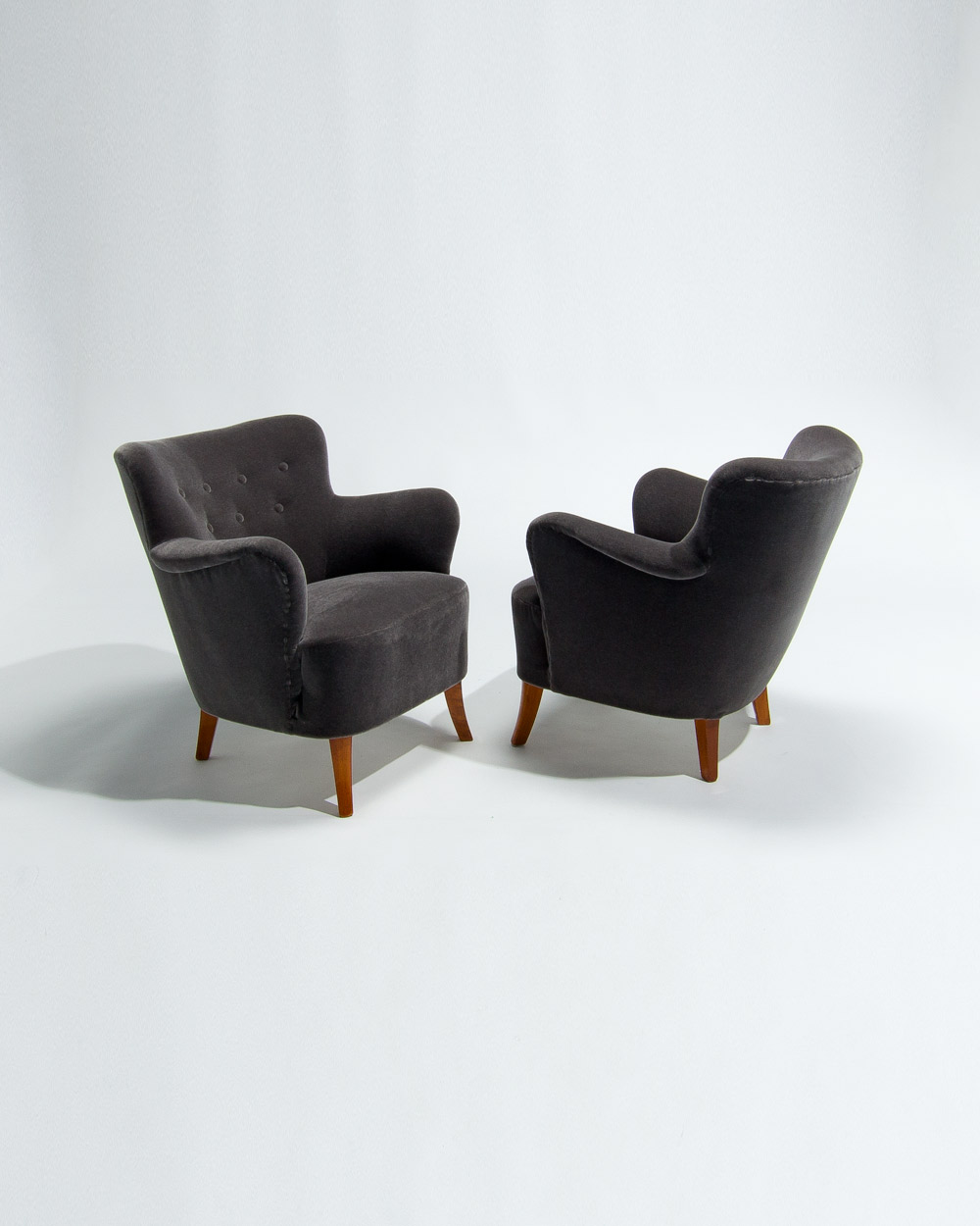 Pair of Finnish lounge chairs, 1950s, upholstered in grey mohair velvet by Rose Uniacke