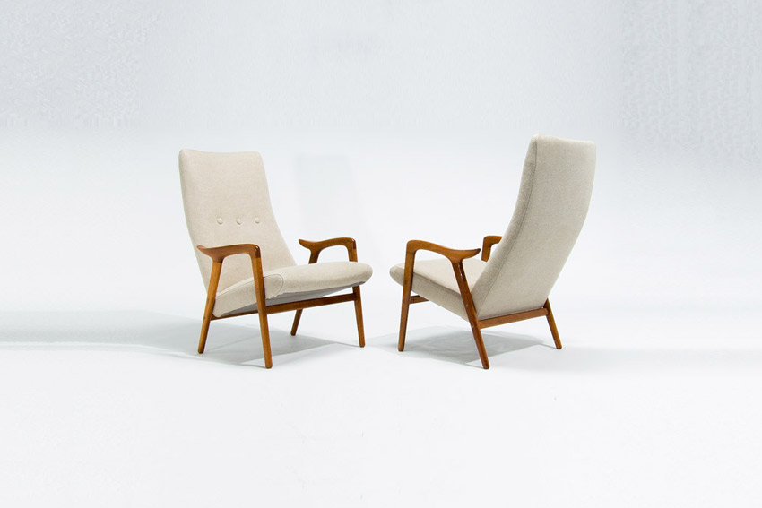 Yngve Ekstrom Swedese lounge chairs in Pierre Frey linen, Swedish mid century armchairs 1950s (pair)